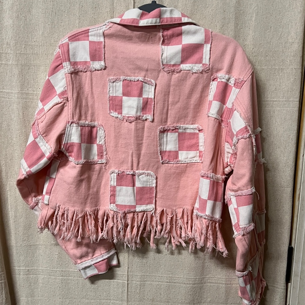 Pol Pink and White Checkered Fringe Jean Jacket - Picture 5 of 6